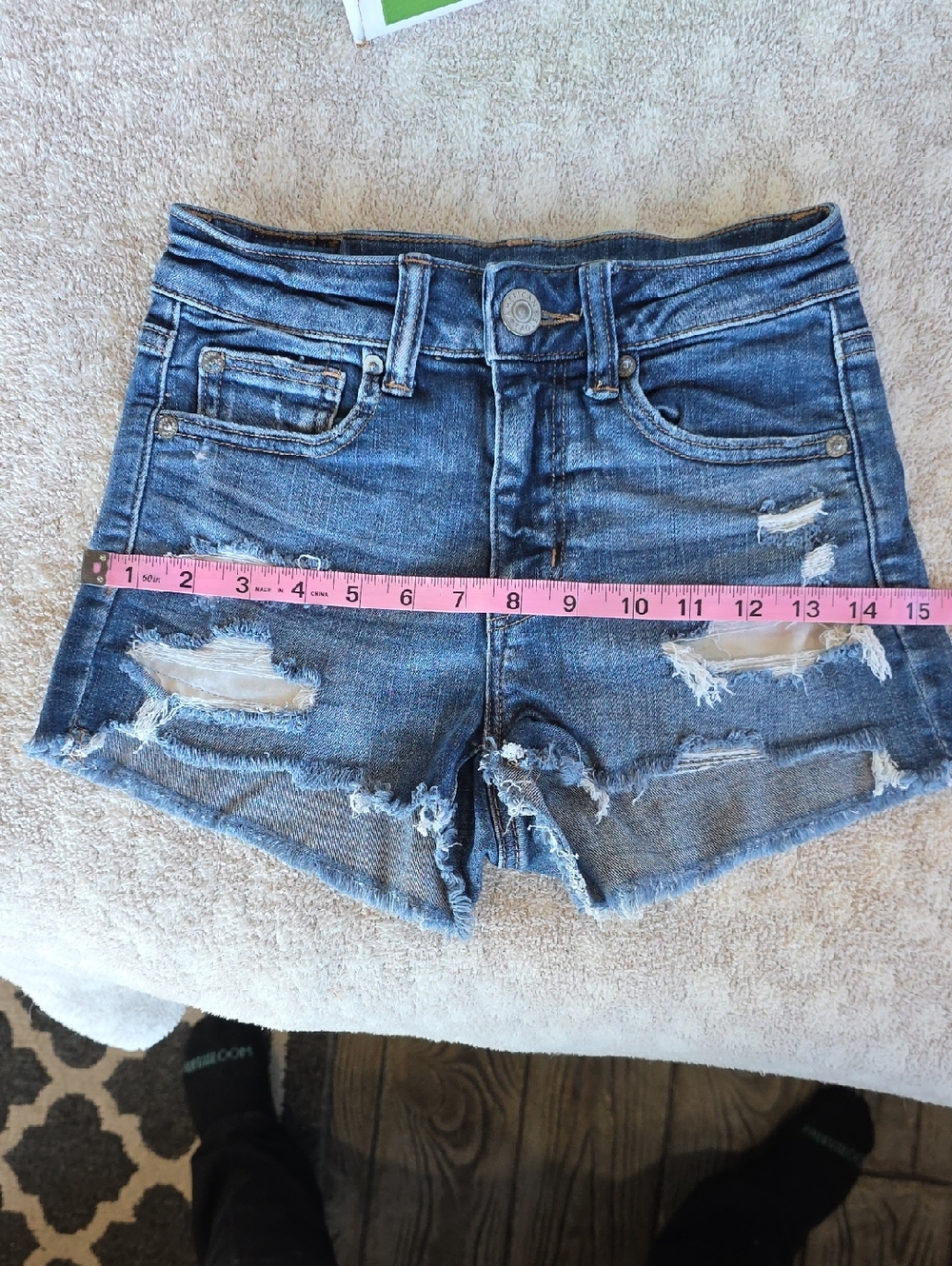 American Eagle Outfitters Blue Distressed High-Rise Jean Shorts - Picture 8 of 9